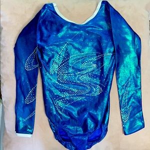 Blue/green glittery leotard with rhinestones